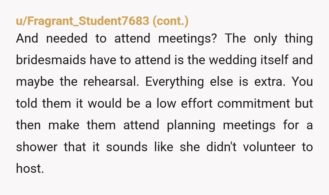 u/Background_Singer321 You lost me at “planning meetings.” I personally think asking anyone to plan ANYTHING related to your wedding/engagement is too much. You’re in love so now your friends have...