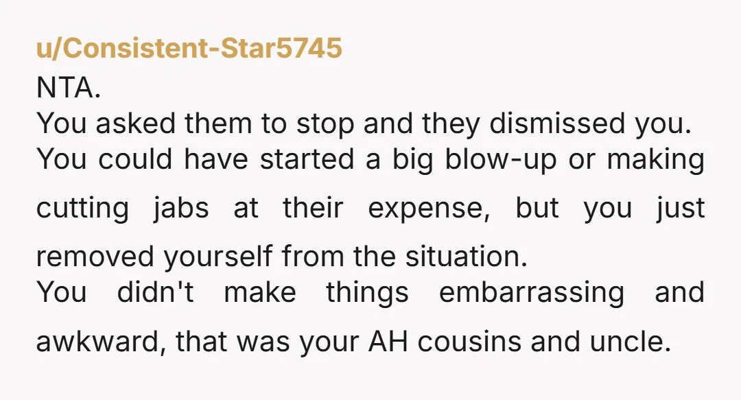 u/Famous_Couple5074 No, you handled it perfect. Sounds like they’re envious. And the fact that they didn’t apologize confirms that. You have made them feel inferior and they are punishing you...