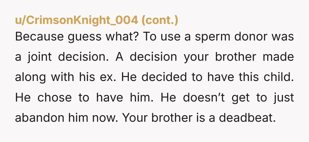 u/krislankay7 Why do you keep putting "son"..? He and his ex both agreed to use a donor to conceive, correct? That is his child. His son. Your NEPHEW. The quotations...