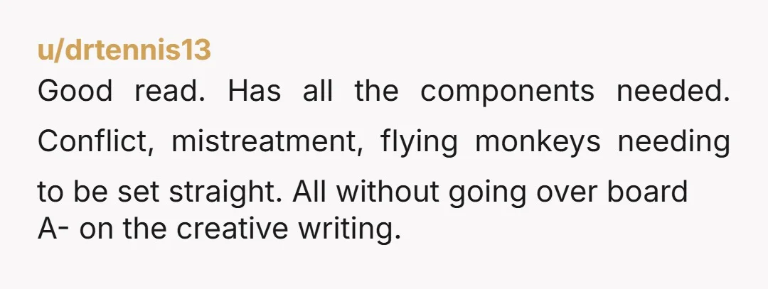 u/drtennis13
Good read. Has all the components needed. Conflict, mistreatment, flying monkeys needing to be set straight. All without going over board
A- on the creative writing.