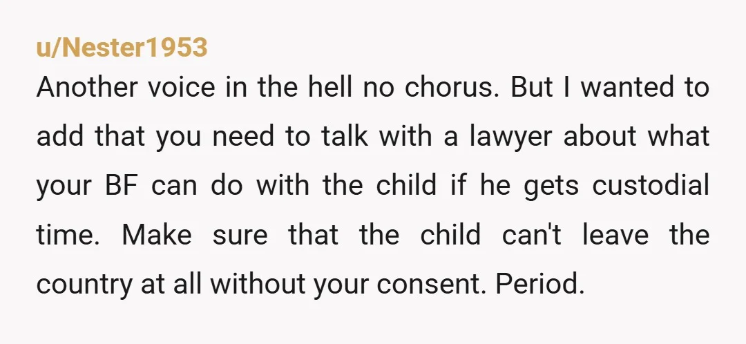 u/Nester1953 Another voice in the hell no chorus. But I wanted to add that you need to talk with a lawyer about what your BF can do with the child...