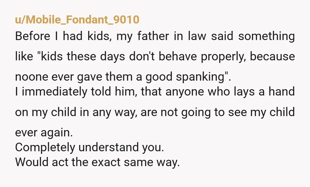 u/Mobile_Fondant_9010 Before I had kids, my father in law said something like "kids these days don't behave properly, because noone ever gave them a good spanking". I immediately told him,...