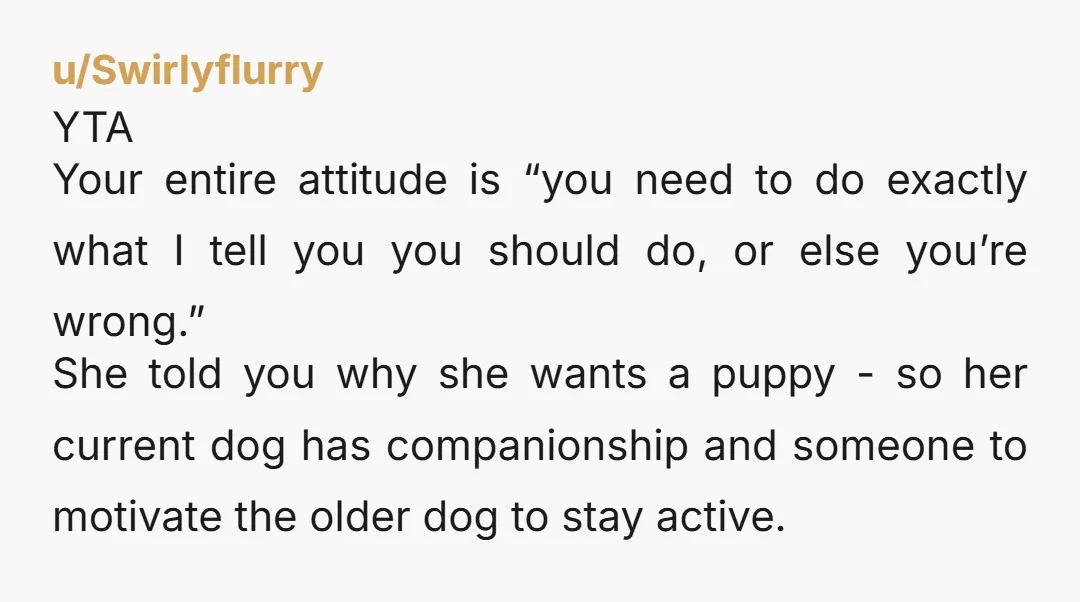 u/Live_Angle4621 YTA, you act like an expert just because you work in pet store. Plenty of older dogs react great to younger dogs if introductions are done well and younger...