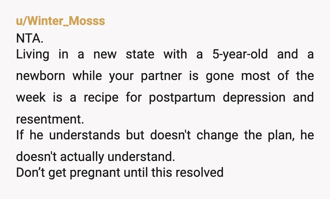 u/Winter_Mosss NTA. Living in a new state with a 5-year-old and a newborn while your partner is gone most of the week is a recipe for postpartum depression and resentment....
