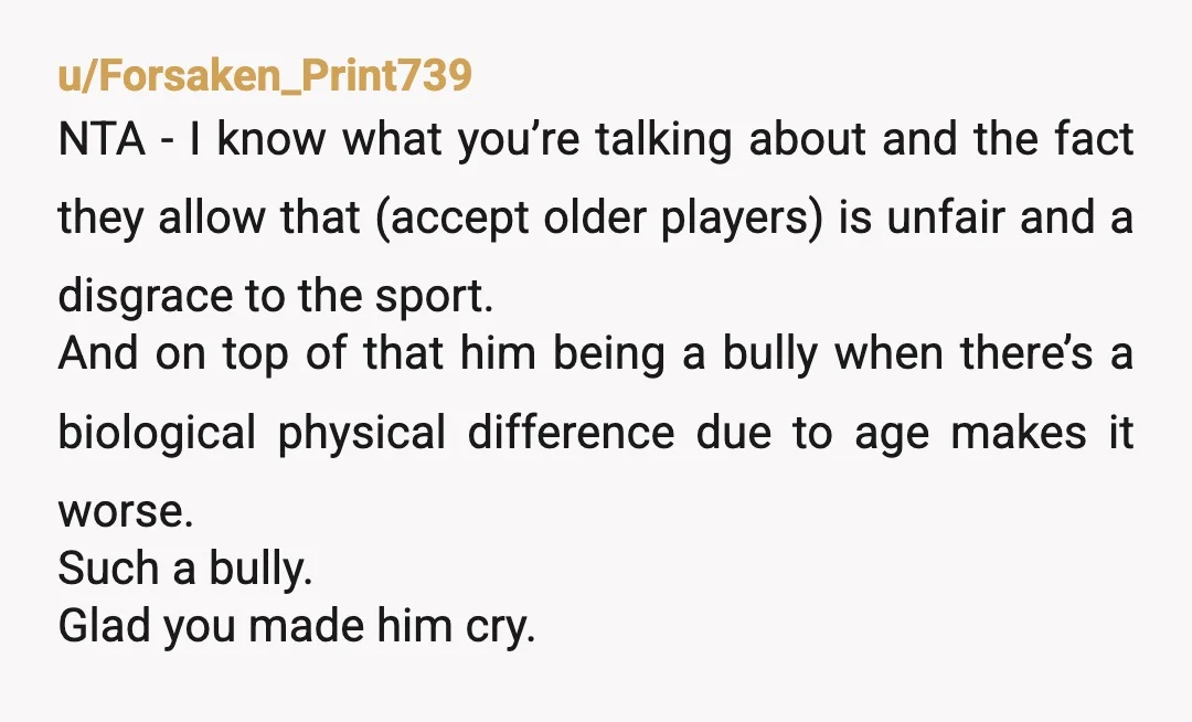 u/True_Turn_5286
NTA.
Kids old enough to beat up
kids smaller and younger than him, then he should expect to get pushback.