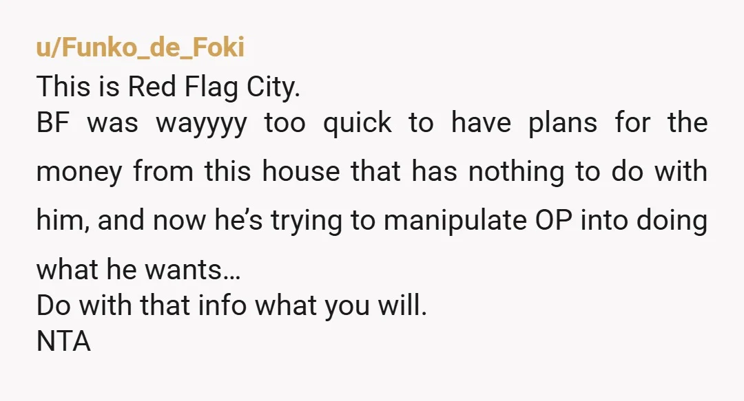 u/Funko_de_Foki This is Red Flag City. BF was wayyyy too quick to have plans for the money from this house that has nothing to do with him, and now he’s...