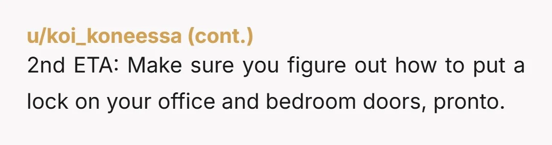 u/Seeker_ofLight NTA Why can't they stay in the finished basement? Or one stays in the basement and the other have Tessa's space? Your office is your work space. Don't back...