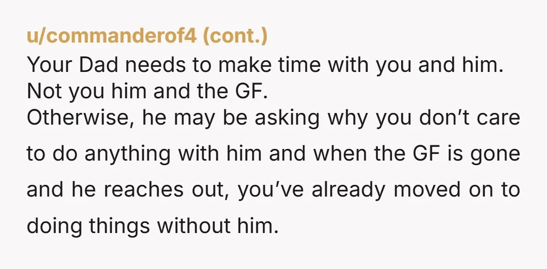 u/Creepy-Intention3193 I agree/disagree with these comments it’s not your responsibility to manage your fathers relationship with his girlfriend and include her. You can do that naturally as most relationships have...