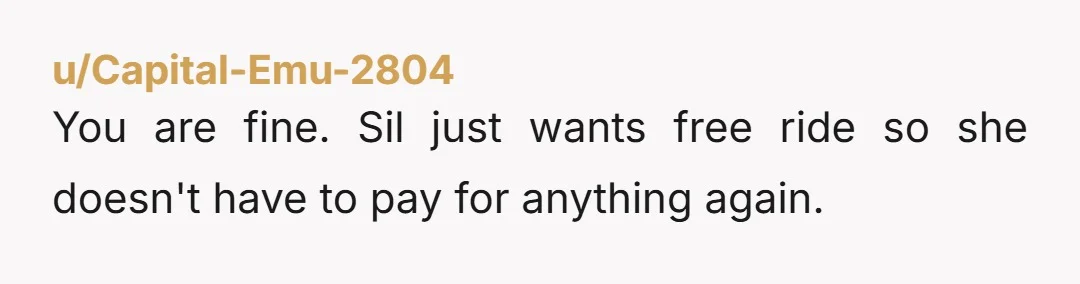 u/Capital-Emu-2804 You are fine. Sil just wants free ride so she doesn't have to pay for anything again.