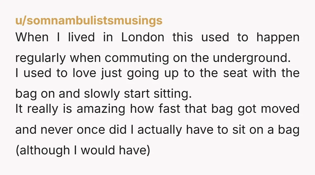 u/somnambulistsmusings When I lived in London this used to happen regularly when commuting on the underground. I used to love just going up to the seat with the bag on...