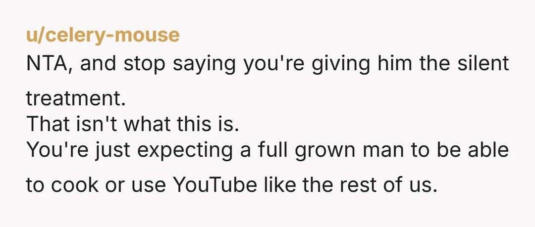 u/celery-mouse NTA, and stop saying you're giving him the silent treatment. That isn't what this is. You're just expecting a full grown man to be able to cook or use...