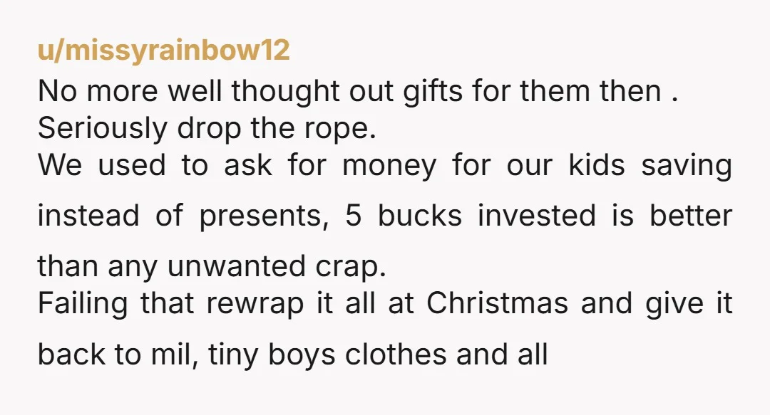 u/LanaMonroe90 NOR. Regifting isn’t bad if it’s a genuinely nice item the person will use and you won’t, but that’s clearly not the case here and your in laws just...