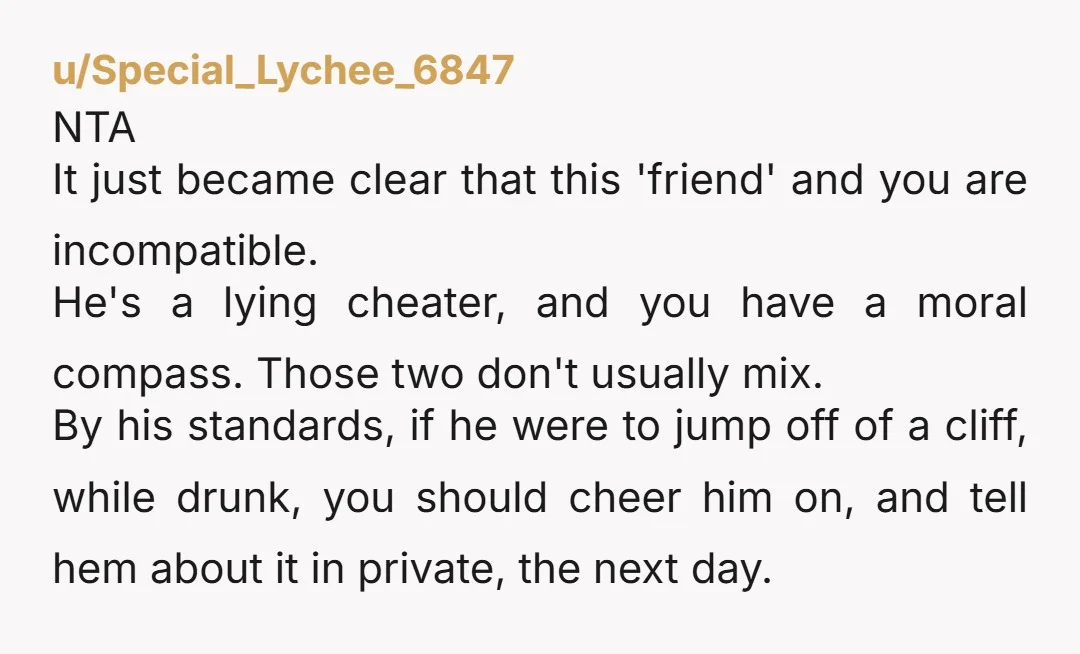 u/Special_Lychee_6847 NTA It just became clear that this 'friend' and you are incompatible. He's a lying cheater, and you have a moral compass. Those two don't usually mix. By his...