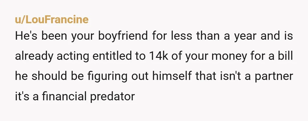 u/LouFrancine He's been your boyfriend for less than a year and is already acting entitled to 14k of your money for a bill he should be figuring out himself that...