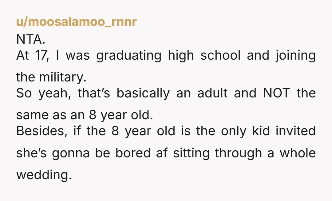 u/Living_Sea_516 OP here: one of his mom's arguments was that the original rule was "no kids allowed" - my counter to this was I never considered my 17yo cousin a...