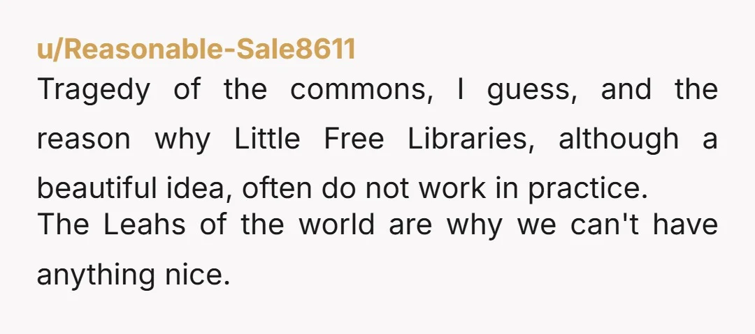 u/Reasonable-Sale8611 Tragedy of the commons, I guess, and the reason why Little Free Libraries, although a beautiful idea, often do not work in practice. The Leahs of the world are...