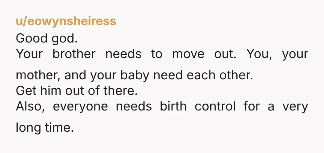 u/eowynsheiress Good god. Your brother needs to move out. You, your mother, and your baby need each other. Get him out of there. Also, everyone needs birth control for a...