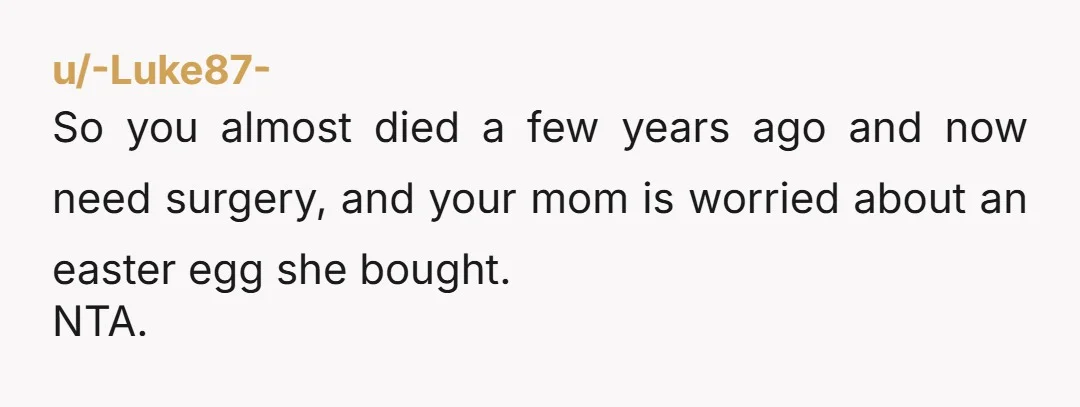 u/-Luke87-
So you almost died a few years ago and now need surgery, and your mom is worried about an easter egg she bought.
NTA.