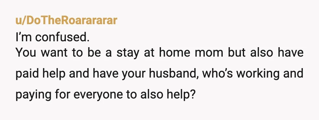 u/DoTheRoarararar
I’m confused.
You want to be a stay at home mom but also have paid help and have your husband, who’s working and paying for everyone to also help?