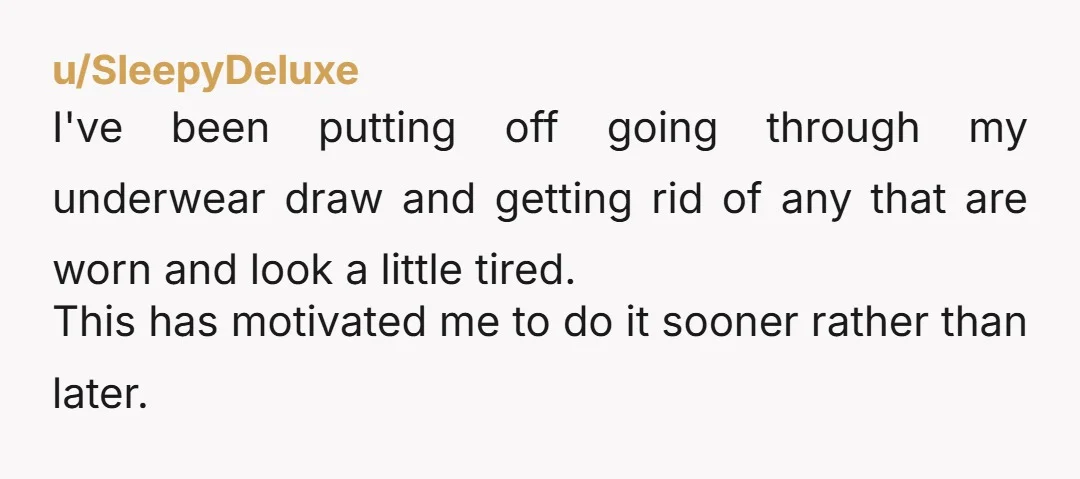 u/SleepyDeluxe I've been putting off going through my underwear draw and getting rid of any that are worn and look a little tired. This has motivated me to do it...