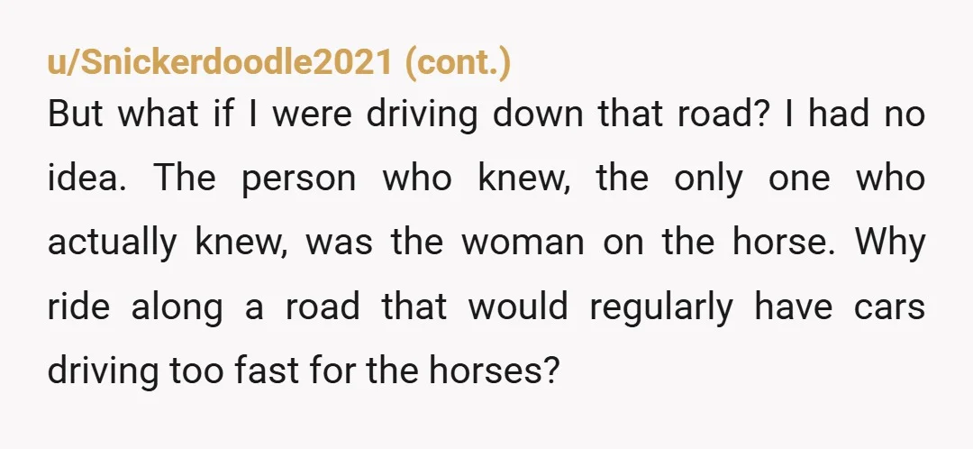 u/CapitalNightWatch As a horse rider I’m going to say NAH. You thought what you did was right by slowing down but it wasn’t enough because horses are really unpredictable and...
