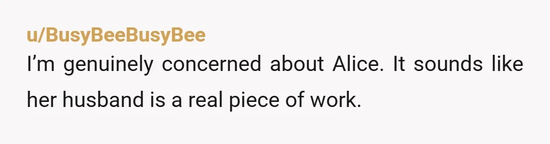 u/BusyBeeBusyBee
I’m genuinely concerned about Alice. It sounds like her husband is a real piece of work.