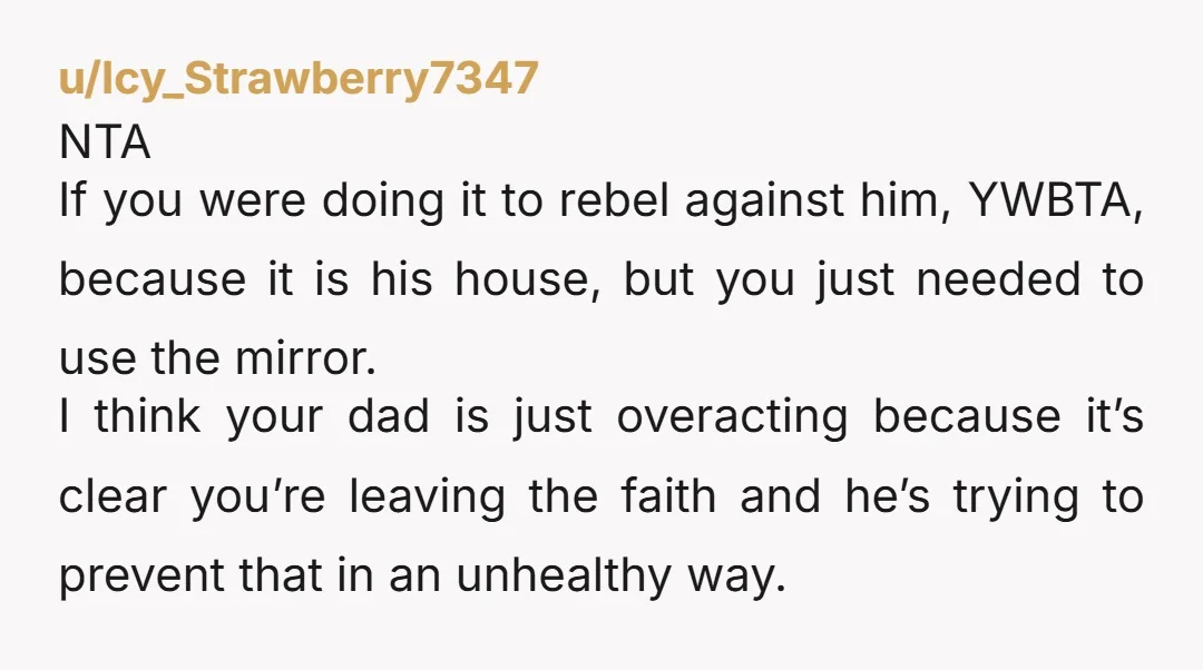 u/Elephants4h1re NTA. My dad was weird and pushy with religion too. I’ve never understood why people use religion as a personality trait. I respect religions of any kind, but it...