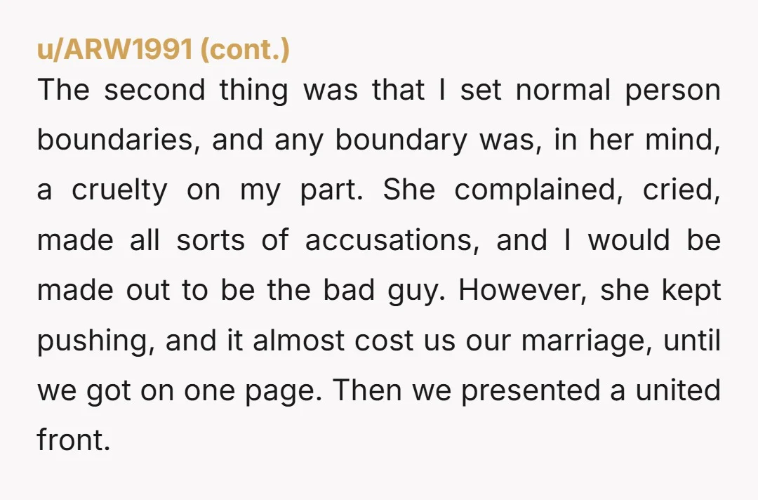 u/NYCStoryteller NTA. It's past time for your husband to call her out directly and consistently. Her messages do not "come from a place of love and care." Her own husband...