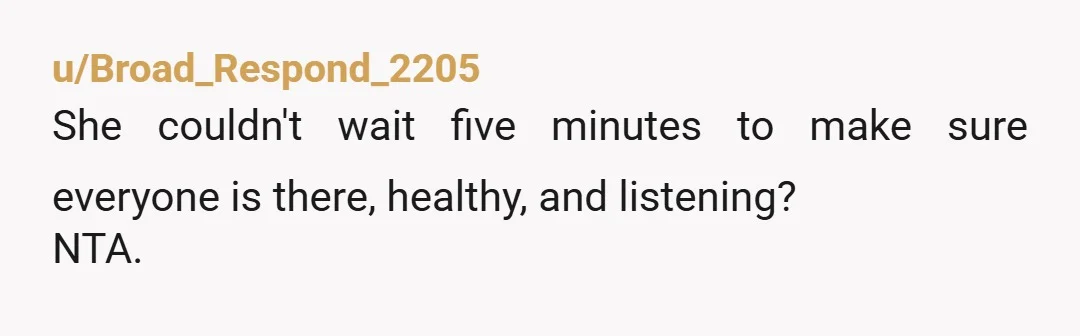 u/Broad_Respond_2205
She couldn't wait five minutes to make sure everyone is there, healthy, and listening?
NTA.