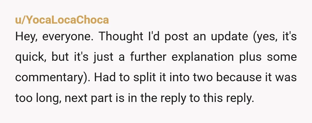 u/YocaLocaChoca Hey, everyone. Thought I'd post an update (yes, it's quick, but it's just a further explanation plus some commentary). Had to split it into two because it was too...