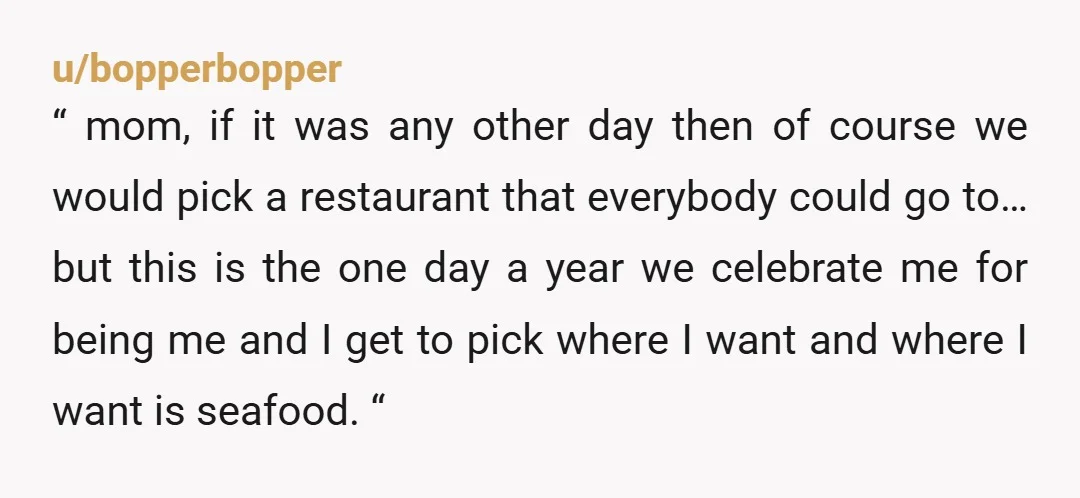 u/Equivalent-Bag7931 NTA. They could've easily let you guys go to your favorite restaurant AND do something separate as a family. I get people don't want to feel excluded, but I...