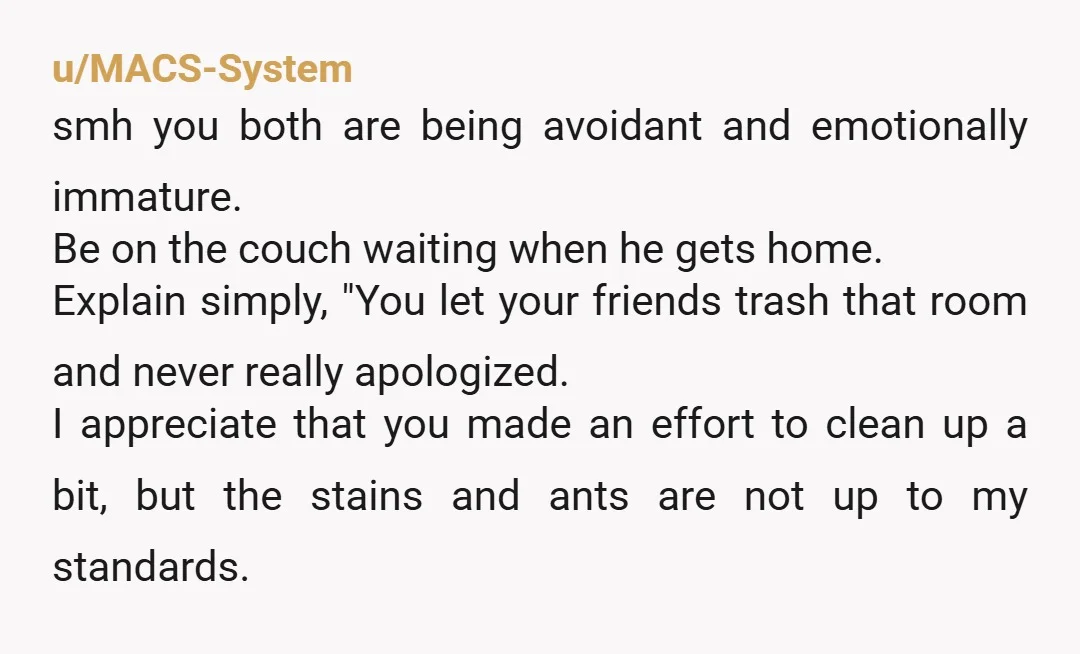 u/MACS-System smh you both are being avoidant and emotionally immature. Be on the couch waiting when he gets home. Explain simply, "You let your friends trash that room and never...