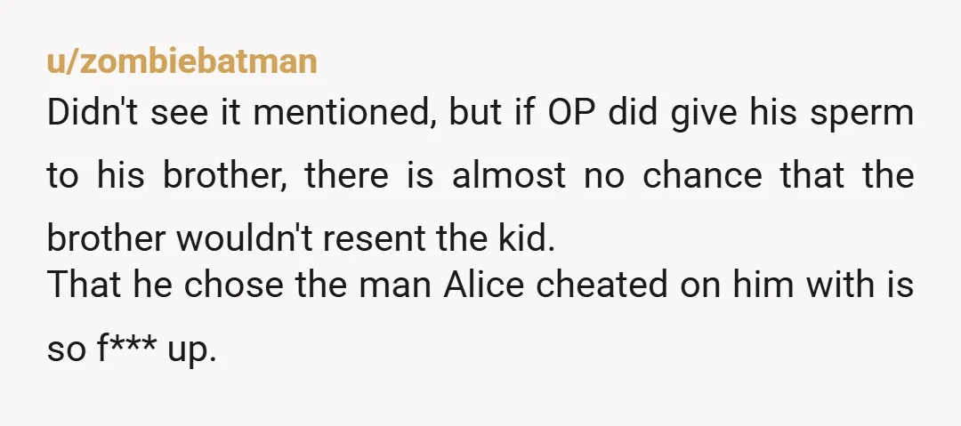 u/zombiebatman Didn't see it mentioned, but if OP did give his sperm to his brother, there is almost no chance that the brother wouldn't resent the kid. That he chose...