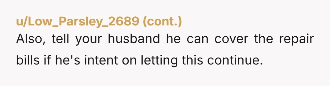 u/mook1178 Your husband should pay for any damage to the wall himself then. NTA but your husband and neighbor are. Maybe put a post in your husbands back so he...