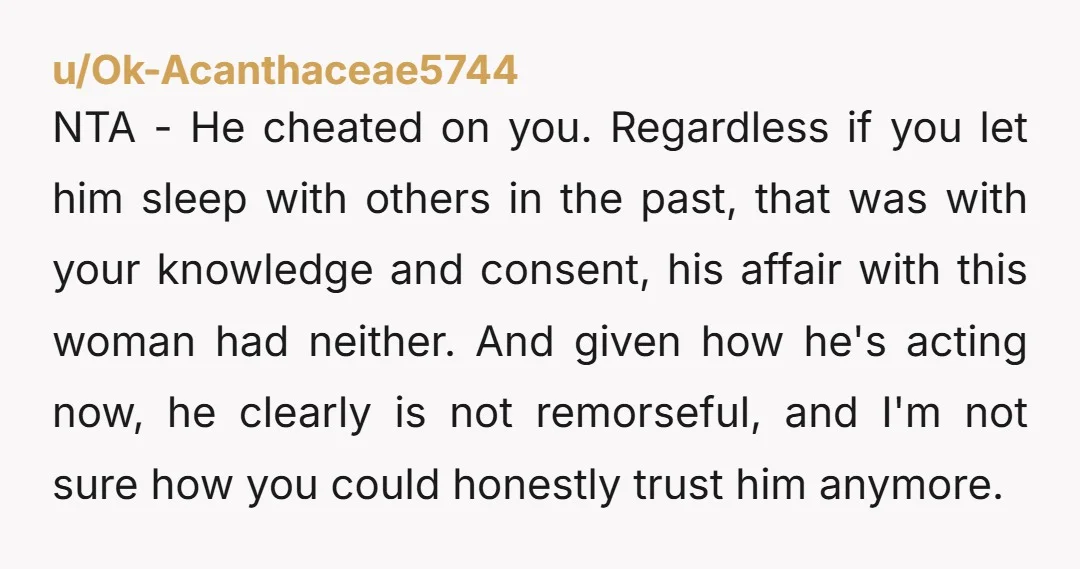 u/Ok-Acanthaceae5744 NTA - He cheated on you. Regardless if you let him sleep with others in the past, that was with your knowledge and consent, his affair with this woman...