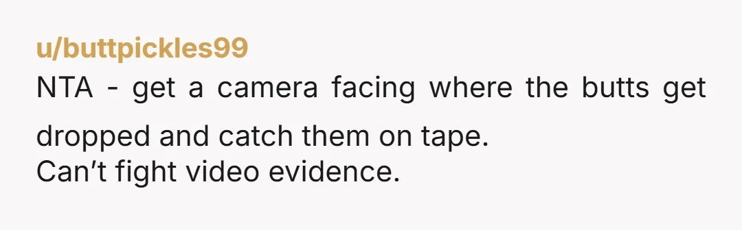 u/buttpickles99
NTA - get a camera facing where the butts get dropped and catch them on tape.
Can’t fight video evidence.