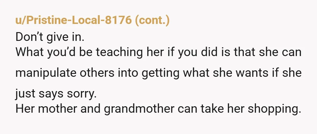 u/IncredulousPulp
NTA.
Expecting adult behaviour from a teen is how that teen learns to behave appropriately.