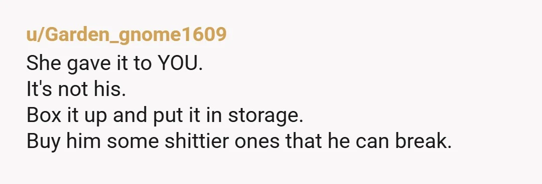 u/Tall-Ear-3406 Pack it up and put it away for special occasions. If you can find a few extra teacups somewhere get him those. Once they are broken, they are gone....