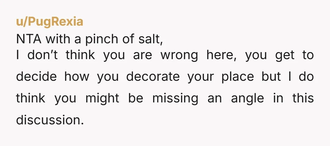 u/PugRexia NTA with a pinch of salt, I don’t think you are wrong here, you get to decide how you decorate your place but I do think you might be...