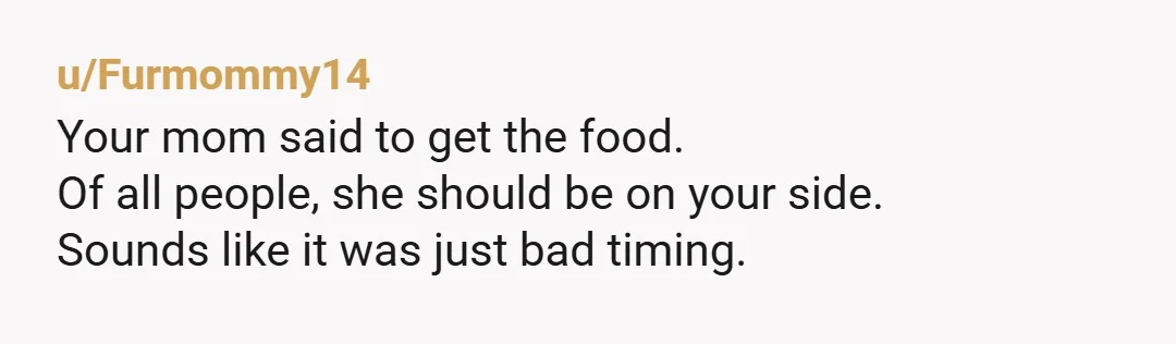 u/Furmommy14
Your mom said to get the food.
Of all people, she should be on your side.
Sounds like it was just bad timing.