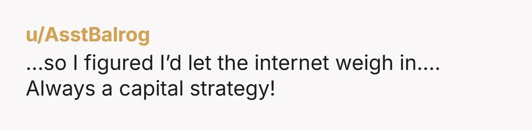 u/AsstBalrog ...so I figured I’d let the internet weigh in.... Always a capital strategy!