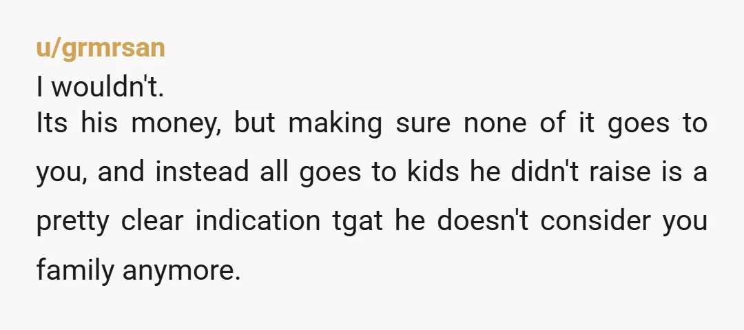 u/grmrsan I wouldn't. Its his money, but making sure none of it goes to you, and instead all goes to kids he didn't raise is a pretty clear indication tgat...