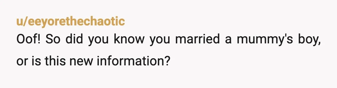 u/eeyorethechaotic
Oof! So did you know you married a mummy's boy, or is this new information?