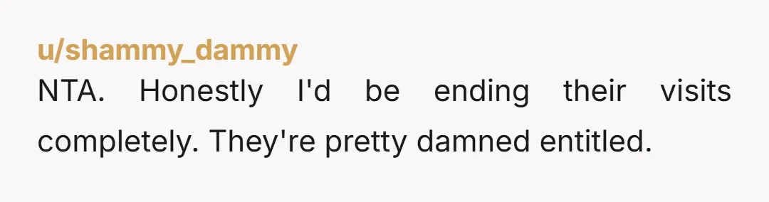 u/shammy_dammy
NTA.   Honestly I'd be ending their visits completely.  They're pretty damned entitled.