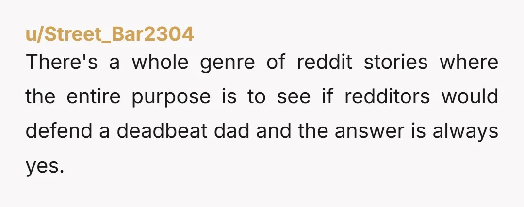 u/Street_Bar2304
There's a whole genre of reddit stories where the entire purpose is to see if redditors would defend a deadbeat dad and the answer is always yes.