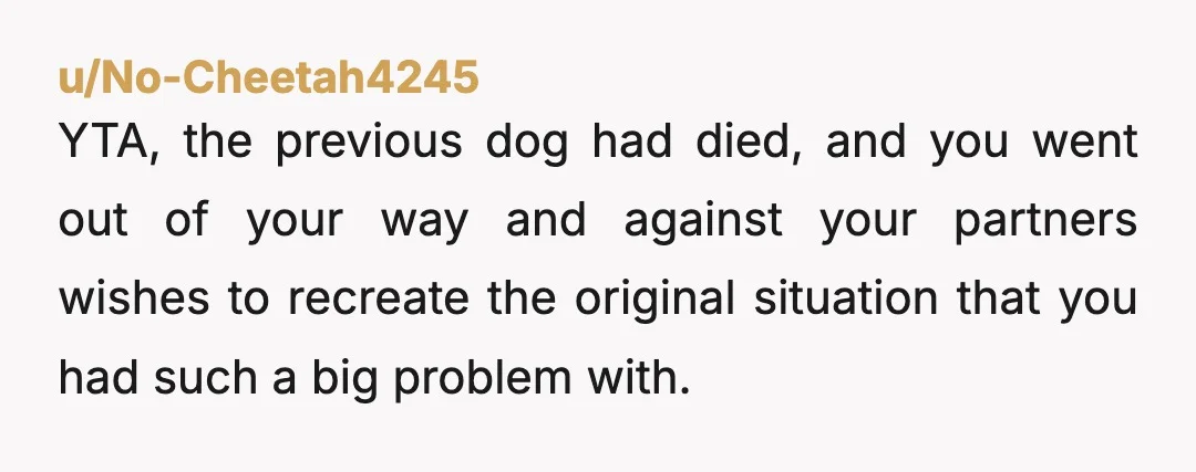 u/No-Cheetah4245 YTA, the previous dog had died, and you went out of your way and against your partners wishes to recreate the original situation that you had such a big...