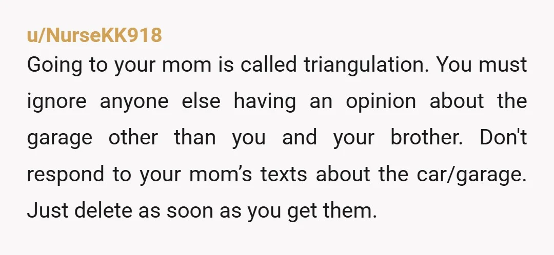 u/PhysicalPenguin7591
If mom has a garage, it's time for her to step up since she has now cast her opinion into the mix.
Dave can tow his (s)crap to mom.