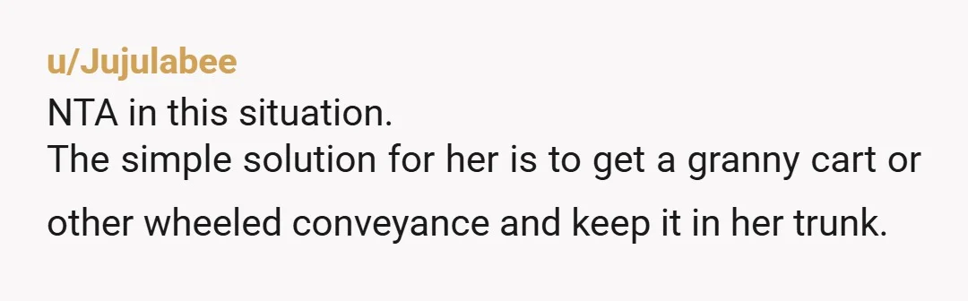 u/Jujulabee NTA in this situation. The simple solution for her is to get a granny cart or other wheeled conveyance and keep it in her trunk. I had one in...