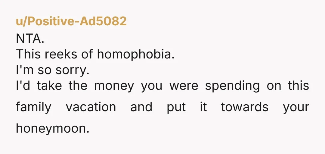 u/Positive-Ad5082
NTA.
This reeks of homophobia.
I'm so sorry.
I'd take the money you were spending on this family vacation and put it towards your honeymoon.