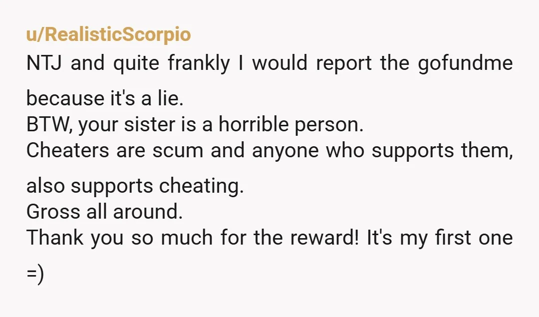 u/RealisticScorpio NTJ and quite frankly I would report the gofundme because it's a lie. BTW, your sister is a horrible person. Cheaters are scum and anyone who supports them, also...